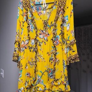 Anthropologie Mustard Floral Boho Ruffle Tunic Top Size S